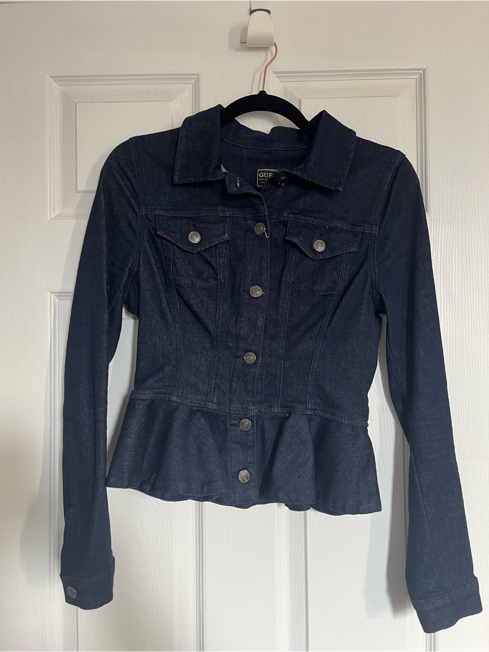 GUESS Dark Indigo Peplum Jean Jacket